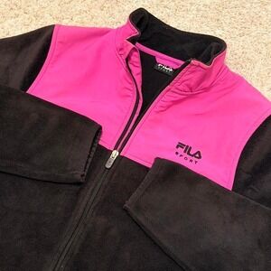 Y2K FILA Sport Fleece Zip-Up Jacket | Black & Pink | Women's M